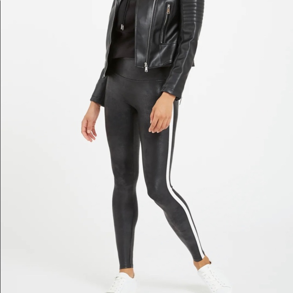 Spanx faux leather black and white stripe leggings - Picture 2 of 8